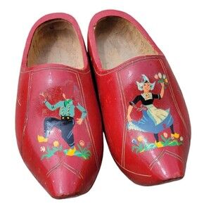 Vintage Dutch Wooden Holland Painted Red Clogs One Size